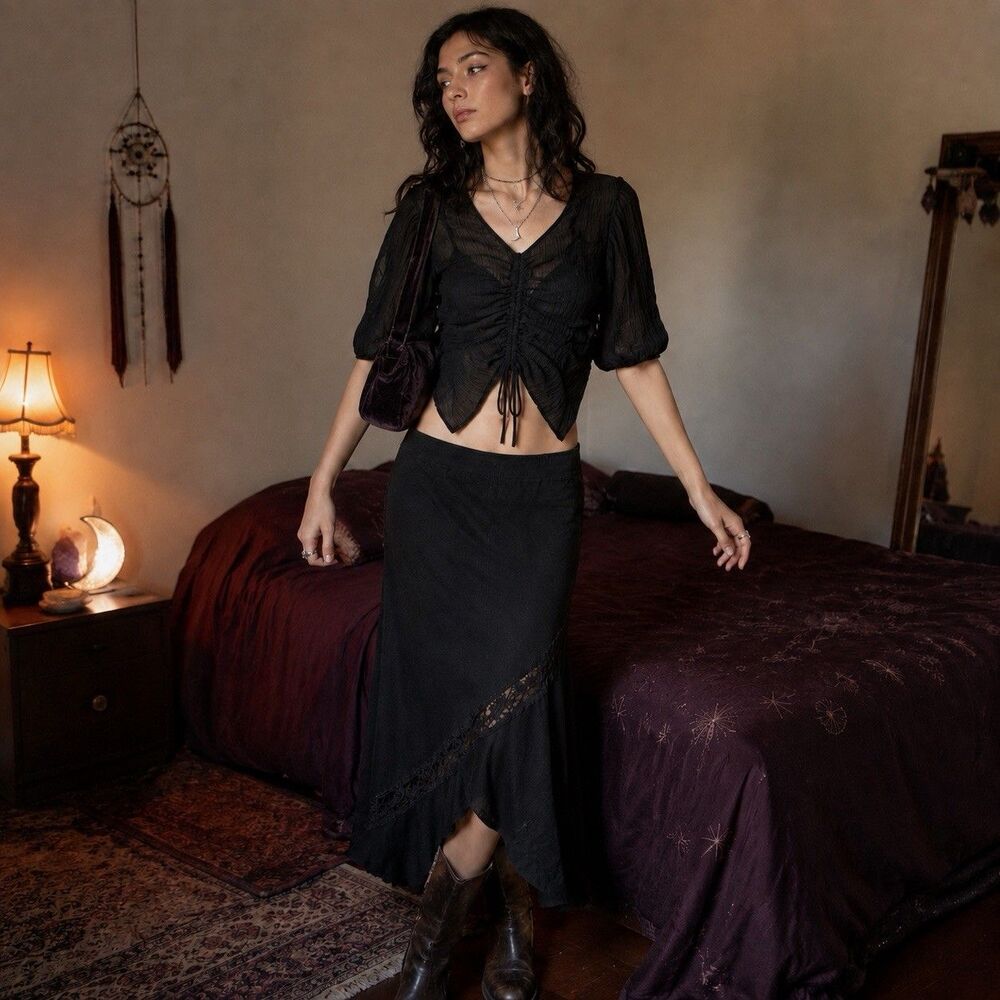 Sense of Place Urban Research Top Sz One Black Ruched Puff Sleeve Japanese Goth